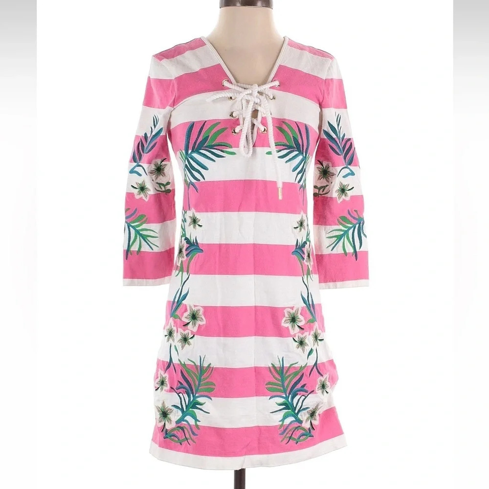 Juicy Couture Seaside Passion Pink/White Stripe Hibiscus Floral Dress Size Small